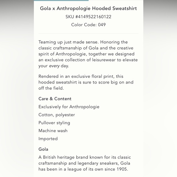 Gola X Anthropologie NWT generous S/M Hoodie Sweatshirt Floral Design, pockets - Picture 11 of 15